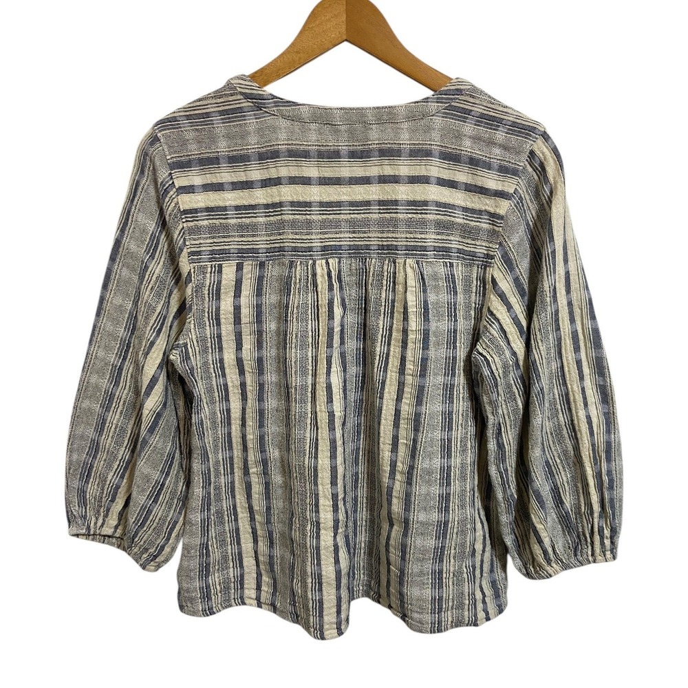 Knox Rose Striped Gauzy Boho Split Neck Balloon Sleeve Blouse Coastal Nautical M - Picture 3 of 8
